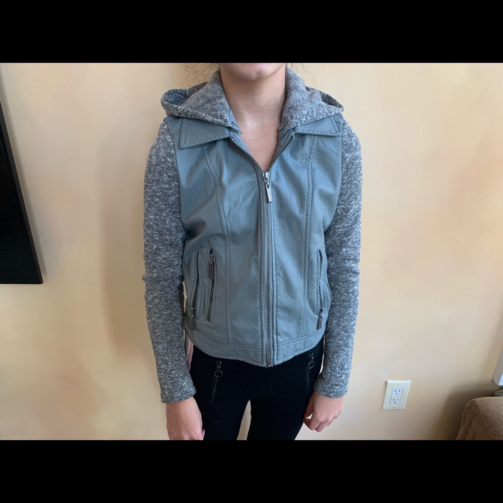 Juniors zip out hood faux leather jacket